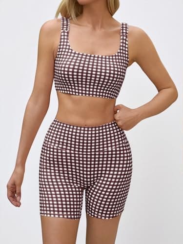 Aoysky Womens Workout Gingham 2 Piece Outfits Padded Open Back Crop Tank High Waist Sports Shorts Sets Casual Yoga Matching Sets thumbnail 2