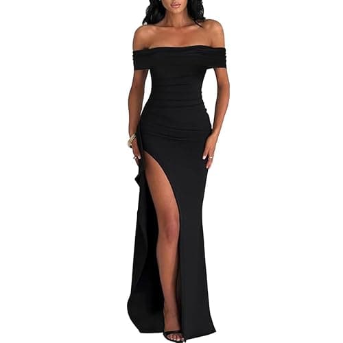 XIWCAFC Robe de Soirée Cocktail Femm Robe Longue Sexy Slim Bodycon Epaules Dénudées Fendue Maxi RobeFemme Élégant Couleur Unie Robes de Fête Longue Robes de Gala pour Mariage Party Bal - Image 1