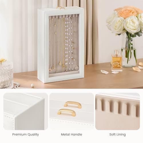 Lolalet Necklace Organizer Box, Jewelry Storage Box with Clear Window for Necklaces Bracelets, Tangle-Free Necklace Display Case for Women Girls, White, 2 Layers 20 Hooks thumbnail 4