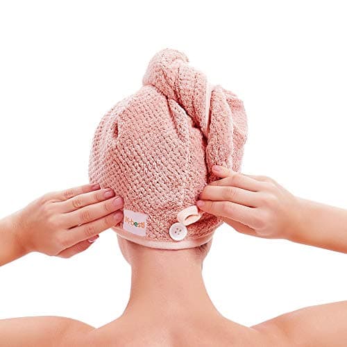 M-bestl 2 Pack Microfiber Hair Towel Wrap,Hair Drying Towel with Button,Quick Dry Hair Towel Turban for Women,Absorbent Anti-frizz Head Towel for Long Thick Curly Hair(Pink&Beige) thumbnail 3