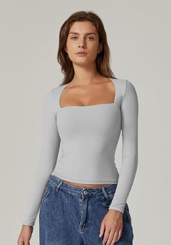 QINSEN Women's Sexy Square Neck Shirt Long Sleeve Double Lined Tees Fitted Going Out Tops thumbnail 4