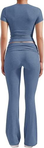 YETOWA Women's 2 Piece Lounge Outfits Slim Short Sleeve Tops Low Rise Flare Leggings Sets Yoga Sweatsuit thumbnail 2