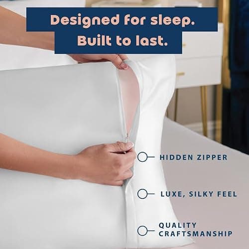 BLISSFORD Satin Pillowcase with Zipper, Like Silk Pillow Cases - White | Silky Soft & Cool, Gentle on Hair & Skin, Vegan, Machine Washable, 2 Pack, Standard Size 20 x 26 in thumbnail 4