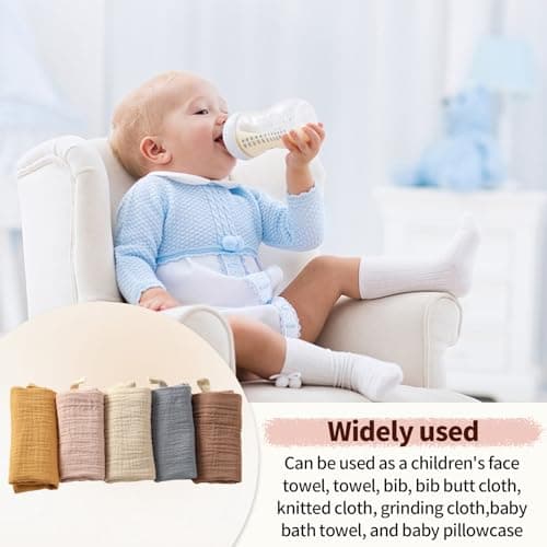 Toumett 5 Pcs Muslin Cloths for Baby, Wash Face Muslin Squares, Burp Cloths, Natural Cotton, For Newborn Baby/Boy/Girl Wiping Bathing Feeding (23x22cm) thumbnail 4