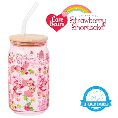 Silver Buffalo Strawberry Shortcake Berry Print Glass Tumbler with Bamboo Lid and Glass Straw Featuring Strawberry Shortcake and Custard, 16 Ounces thumbnail 7