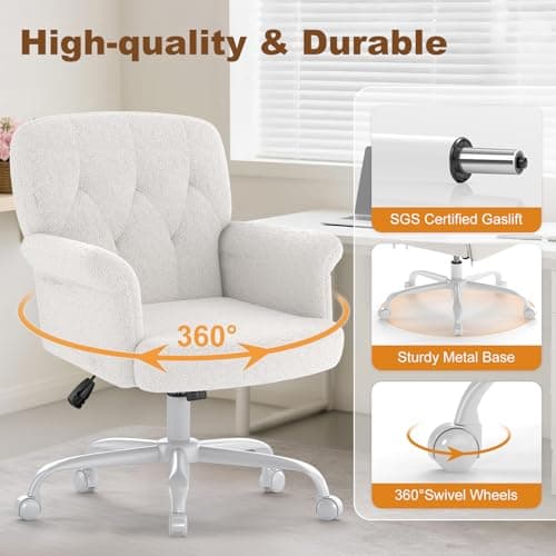 Keratee Teddy Fleece Office Chair, Comfy Home Office Desk Chair with Adjustable Height & 360° Swivel, Ergonomic Computer Chair for Long Hours, Multi-Functional Vanity/Makeup Chair, White thumbnail 5