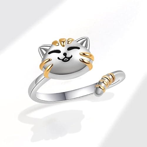 Cute Cat Pet Anxiety Relieve Spinner Rings Kitten Animal Fidget Open Adjustable Ring Sterling Silver Plated Worry Stress Relieving Boredom ADHD Autism Jewelry Stacking Finger Promise Engagement Gift thumbnail 6