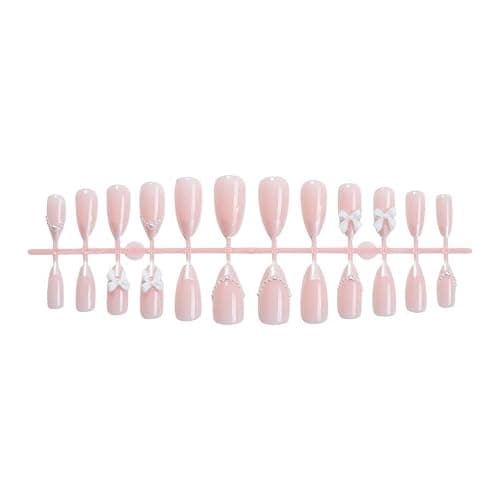 24Pcs White French Tip Almond Medium Fake Nails with Cute Bow Charms Design Nude Pink Acrylic Nails White Pearls Bow Full Cover Glue on Nails Glossy Stick on Nails Heart Artificial Nails for Women thumbnail 5