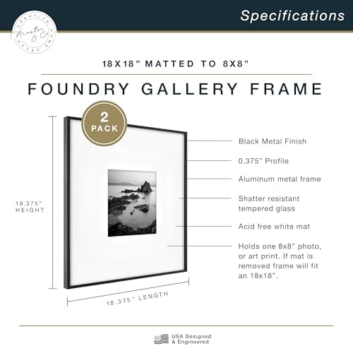 MCS Master & Co. Foundry Metal 18x18 Matted Picture Frame with 8x8 Photo Display, Black Vertical & Horizontal Wall Hanging Frame for Photos & Artwork (2-Pack) thumbnail 3