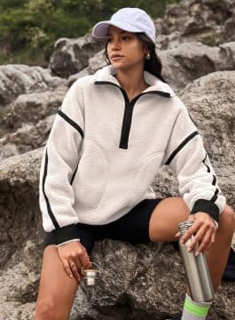 Yanekop Womens Quarter Zip Pullover Sherpa Fleece Jacket Oversized Zip Up Sweatshirt Half Zip Pullover Fuzzy Outerwear thumbnail 5