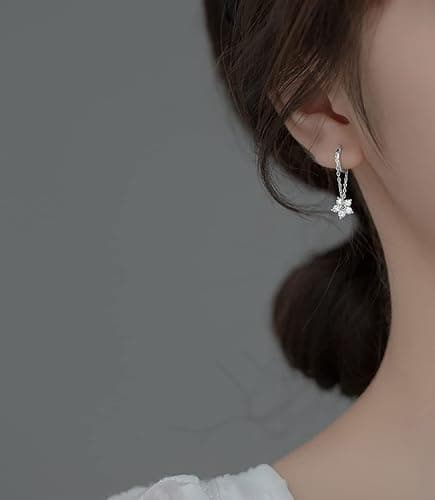 Reffeer 925 Sterling Silver Flower Chain Drop Earrings Hoop for Women Teens Huggie Hoop Dangle Earrings Chain thumbnail 2
