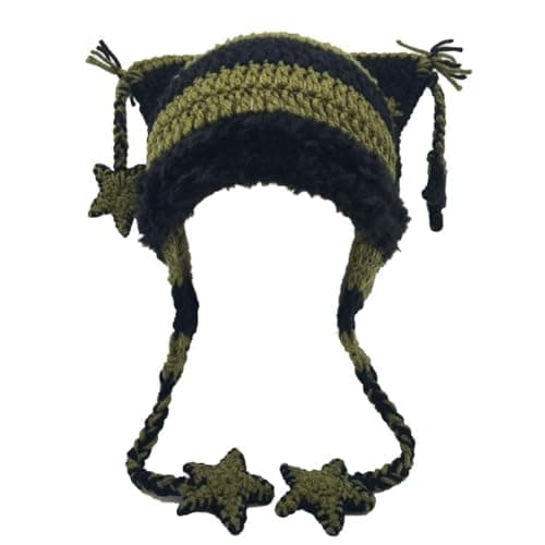 Beanies Cat Beanie Y2k Beanie Goth Knit Hat Grunge Crochet Hats for Women y2k Accessories - Medium - Black Green thumbnail 2