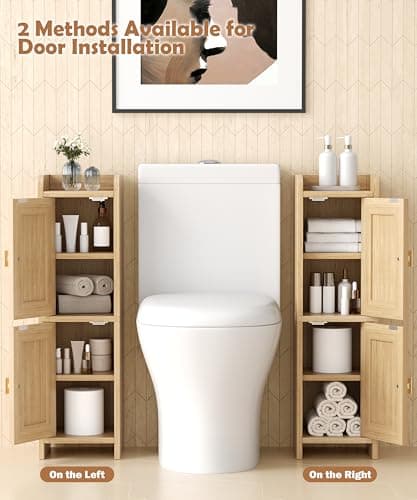 Akxomel Rattan Small Bathroom Cabinet with 2 Doors, 7.9''D x 7.9''W Narrow Toilet Paper Storage Cabinet, Bathroom Organizer for Small Spaces, Wooden Slim Corner Unit with Adjustable Shelf, Natural Oak thumbnail 4