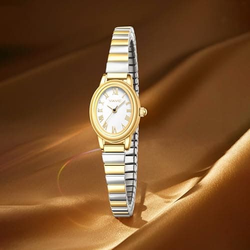 VAVC Gold Watches for Women,Analog Womens Watch with Stainless Steel Expansion Band,Oval Case Roman Dial,Water Resistant（5.91in-6.7in） thumbnail 5