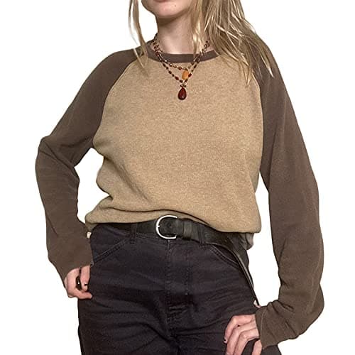 Womens Casual Long Sleeve T-Shirt Vintage Patchwork Crewneck Knitted Pullover Basic Tee Top Grunge Fairycore Streetwear thumbnail 2