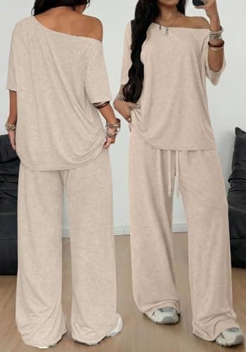 TDCoool Women's 2 Piece Matching Lounge Set Off The Shoulder Short Sleeve Top Wide Leg Sweatpants Set Casual Loungewear thumbnail 7