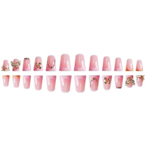 Pink French Tips Press on Nails Medium Duck Fake Nails with Gold Butterfly Bow Rhinestone Charm Design Duckbill False Nails Glossy Skin Tones Stick on Nails Summer Nails for Women Girls Manicure 24Pcs thumbnail 5