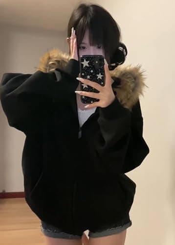 Dynict Women's Y2K Zip Up Hoodies with Fur Hood Winter Fuzzy Jackets Trendy Vintage Sweatshirt thumbnail 5