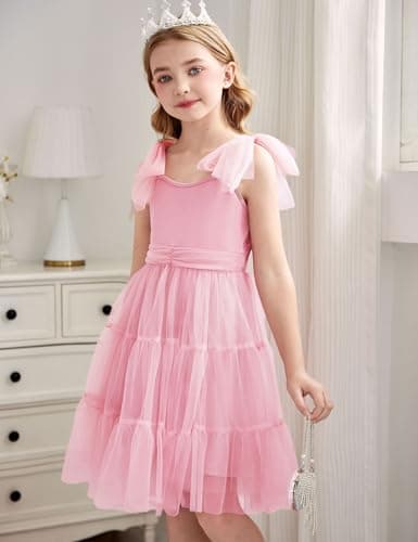 Arshiner Girls Dresses Summer Sleeveless Bow-Tie Straps Formal Fancy Party Birthday Tulle Dress Light Pink Tween 10-11 Years thumbnail 2