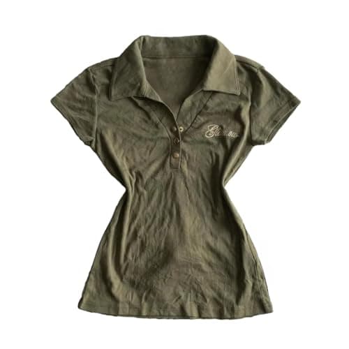 Y2k Grunge Polo Collared Shirts Women Button Down Crop Top 2000s Emo Vintage Streetwear Summer - Image 1