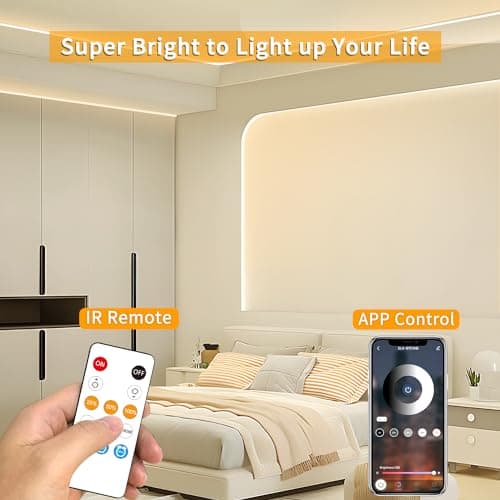 Yeewhale COB LED Strip Lights 50ft,3000K DC 24V Dimmable Warm White Flexible LED Rope Lights for Bedroom,with Remote and app Control LED Lights Strip for Living Room, Shelf, Cabinet thumbnail 4