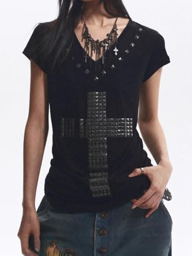 TYATVS Gyaru Clothes Oversized Cross Print T-Shirt Y2k Vintage Alt Scene Emo Clothes 2000s Clothing Grunge Harajuku (Medium,Black) thumbnail 2