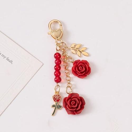 Joiigaem Rose Keychain Charms Camellia Flower Pendent Tassel Chain Key Rings Accessories for Women thumbnail 6