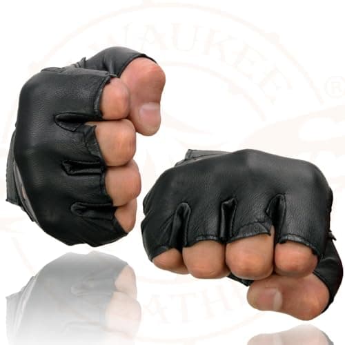 Milwaukee Leather SH216 Men's Black Leather Gel Padded Palm Fingerless Motorcycle Hand Gloves W/Breathable ‘Open Knuckle’ - Medium thumbnail 6