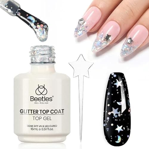 beetles 2 In 1 Silver Glitter Top Coat, 15 ML No wipe Stars Moon Halo Top Coat Soak Off UV Uv Led Gel Nail Polish Long Lasting Highly Shine Manicure Art Decoration Supplies - Image 1