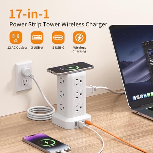 Extension Cord with Multiple Outlets, SMALLRT Surge Protector Power Strip Tower, Outlet Extender with 12 AC Outlets 4 USB, 6.5FT Extension Cord for Home Dorm Room, Office Supplies,Overload Protection thumbnail 2