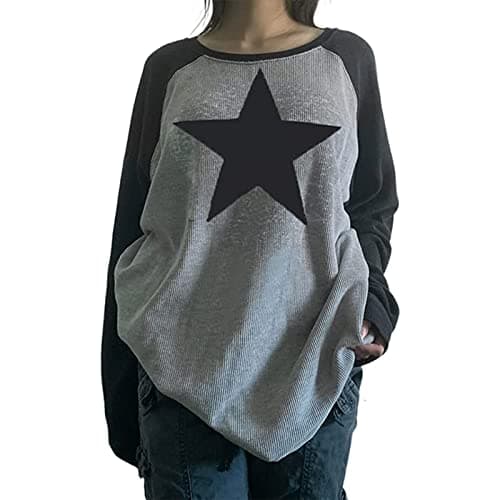 ABYOVRT Women Star Shirt Y2k Tops Vintage Aesthetic Patchwork Long Sleeve Tee Shirts 90s Grunge Clothes