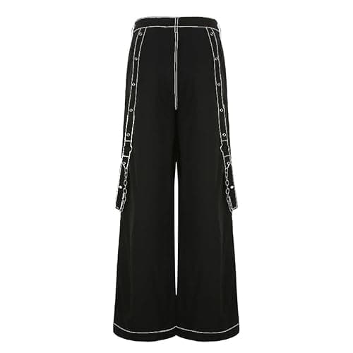 Kodaruber Women Vintage Goth Hip Hop Jeans Punk High Waisted Baggy Bootcut Jeans Strap Chain Striped Wide Leg Denim Pants thumbnail 5