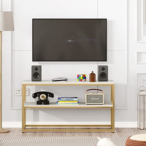 Function Home TV Stand for TVs up to 50 Inch, 3 Tier Entertainment Center, Modern TV Cabinet with Marble Top and Gold Metal Base, 42" Media Console Table with Storage for Living Room Bedroom - 42" Gold thumbnail 2
