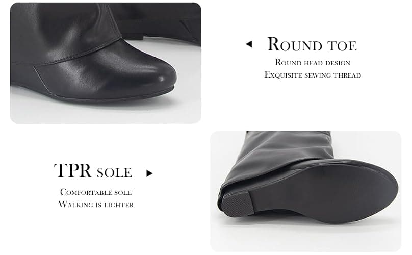 GOGD Fold Over Boots Women's Knee high Shark Boots Pointed Toe Wedge Heel Flat Shoes For Fall Winter Dress Boots thumbnail 3