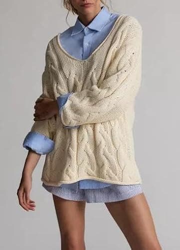 Melliflo Womens Oversized Cable Knit Sweater Fall V Neck Chunky Knit Sweater Casual Pullover Sweater Top thumbnail 4