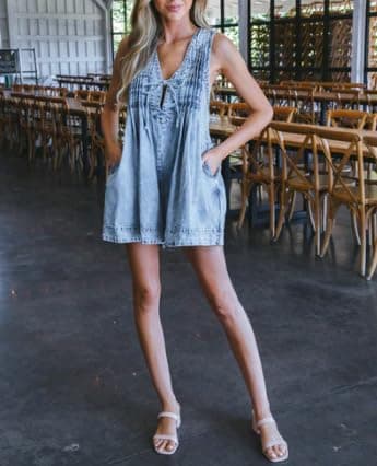 Fronage Women's Denim Dress Sleeveless Tie Front Ruffle Jean Dress Casual V Neck Club Party Dress thumbnail 6