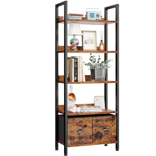 Furologee 5-Tier Bookshelf, Tall Bookcase with 2 Storage Drawers, Industrial Display Standing Shelf Units, Wood and Metal Storage Shelf for Living Room, Bedroom, Home Office, Rustic Brown - Image 1