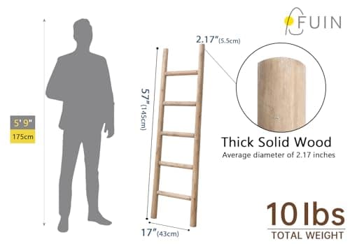 FUIN 57in Wood Blanket Ladder Living Room Decorative Wall Leaning Farmhouse Quilt Display Holder Rustic Wooden Towel Rack for Bathroom, Brown thumbnail 5