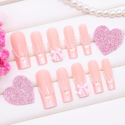 24Pcs Pink French Tip Press on Nails Long Square Fake Nails with 3D Bow Heart Glue on Nails Valentines False Nails Glossy Nude Pink Stick on Nails Cute Bow Acrylic Nails for Women Daily Wear Manicure thumbnail 4