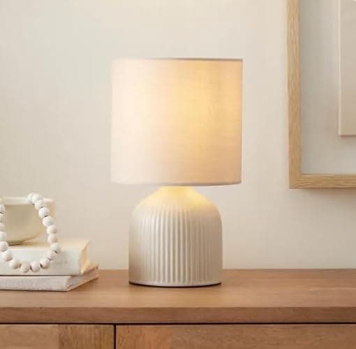 RA-HOMESTORE® New Small But Elegant Ribbed Ceramic Table Lamp Bedside Table Lamp Ceramic Base and Fabric Shade (25cm) (Cream) thumbnail 2
