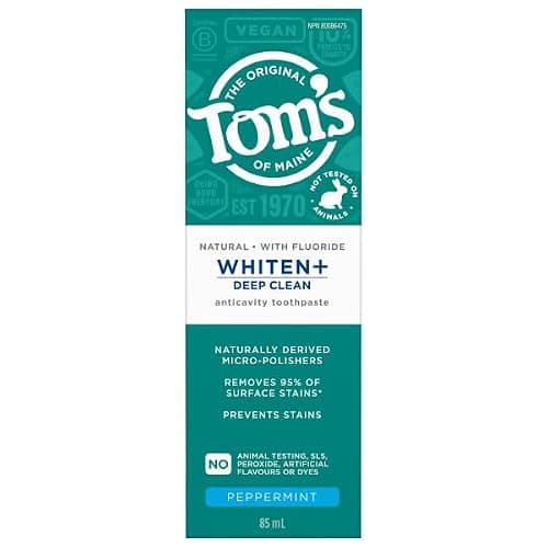 Tom’s of Maine Whitening Plus Deep Clean Toothpaste – Natural Whitening with Plant-Based Cleansers, Enamel-Safe, Fights Plaque, Freshens Breath, No Artificial Flavors, Peppermint, 85mL - Image 1