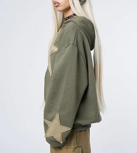 ROAONOCOMO Women Y2K Zip Up Hoodie Star Printed Oversized Sweatshirts Fairy Grunge Graphic Hooded Jacket Harajuku Streetwear - C-green Star Print - Small thumbnail 4