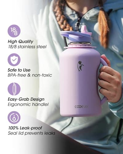 Coolflask Half Gallon Water Bottle with Straw, 64 oz Insulated Stainless Steel Water Jug With Handle Metal Double-Walled Vacuum Large Flask With Strap Leakproof, Keep Cold 48 Hrs Hot 24hrs, Lavender thumbnail 5