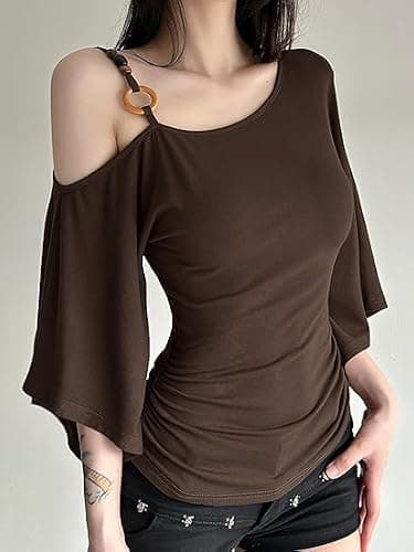 Chvity Women One Shoulder Halter Top 3/4 Bell Sleeve Off The Shoulder Tops Solid Slim Fit Spring Summer T-Shirt Tees thumbnail 2