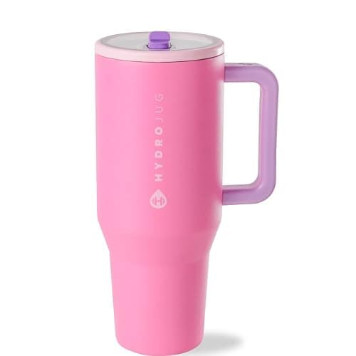 HydroJug Traveler - 32 oz Water Bottle with Handle & Flip Straw - Fits in Cup Holder, Leak Resistant Tumbler-Reusable Insulated Stainless Steel & Rubber Base - Gifts for Women & Men, Pink Sugar - Image 1