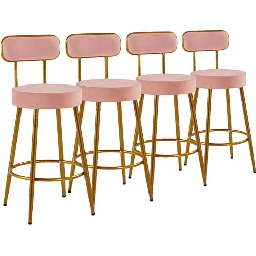 Yaheetech Velvet Barstools, 26'' Counter Height Velvet Stools for Kitchen Counter with Backrest and Footrest, Modern Gold Barstools, Pink, Set of 4 - Image 1