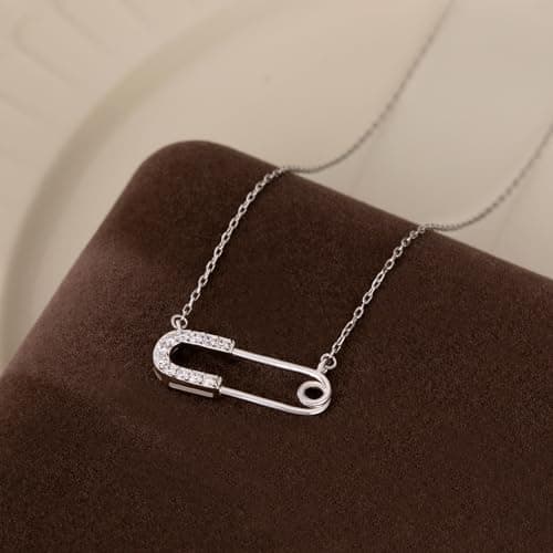 Reffeer Solid 925 Sterling Silver Safety Pin Choker Necklace for Women Teen Girls Paper Clip Pendant Necklace CZ Pin Necklace (A-Silver) thumbnail 5