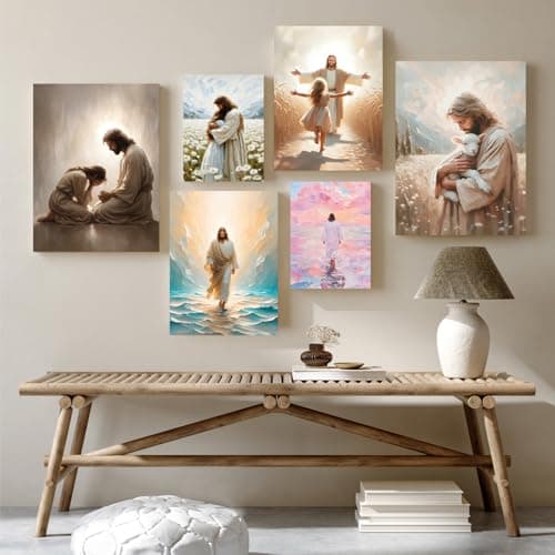 FASWQ Framed Jesus Wall Art, Pink Jesus Walking On Water Wall Decor, Minimalist Religious Savior Canvas Painting, Modern Christian Bible Aesthetic Picture for Church Hospital Prayer Areas, 16x24 Inch thumbnail 8