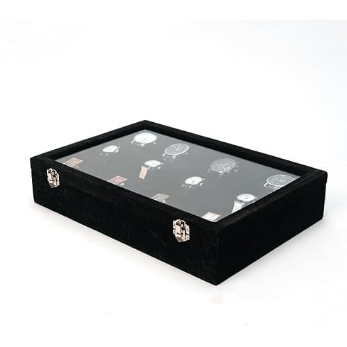 XHMQYC Jewelry Watch Tray, Black Velvet Watch Jewelry Organizer 12 Grid, Stackable Watch Bracelet Bangle Display Holder, with Clear Lid Adjustable Pillows, for Man Woman Show Birthday thumbnail 6