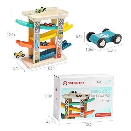 TOP Bright Toddler Wooden Race Track Car Ramp Toys for 1 2 Year Old Baby Motor Skills Race Tracks Car Ramp Vehicle Playsets with 4 Mini Cars and 1 Car Garage - 4 Car Ramps thumbnail 3